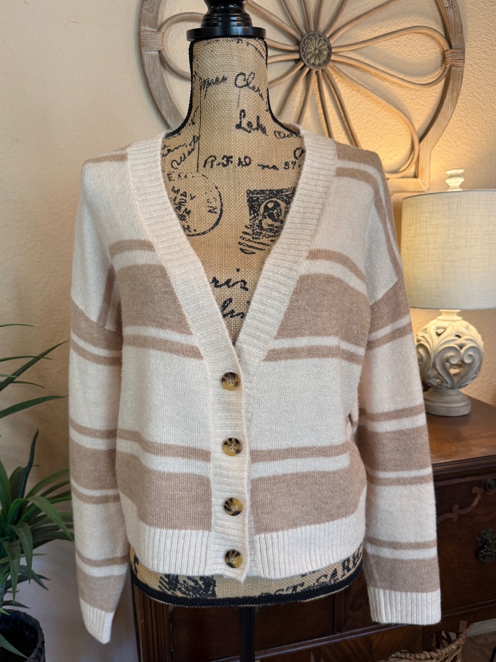 Billabong Cream and Tan Striped V-Neck Button Front Sweater